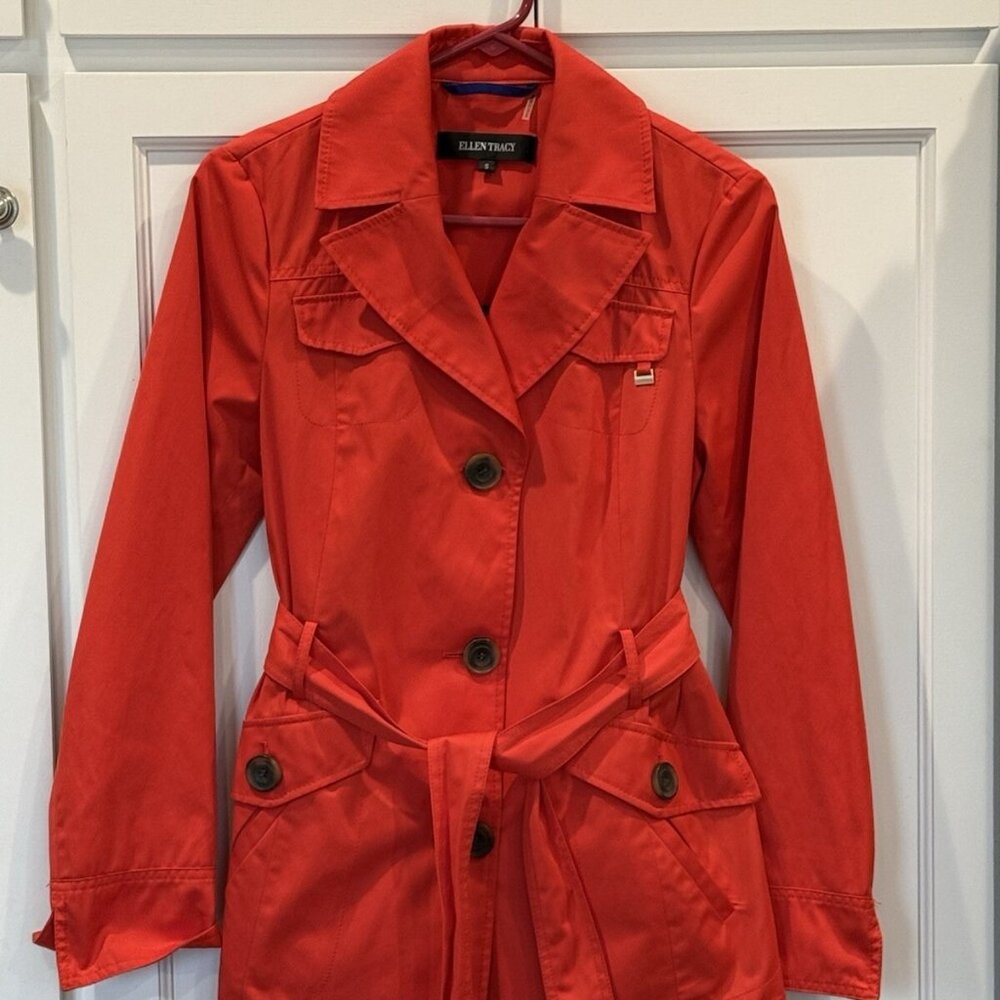 Ellen Tracy Red Trench Rain Coat Waist Belted Lined Button Jacket Sz Small